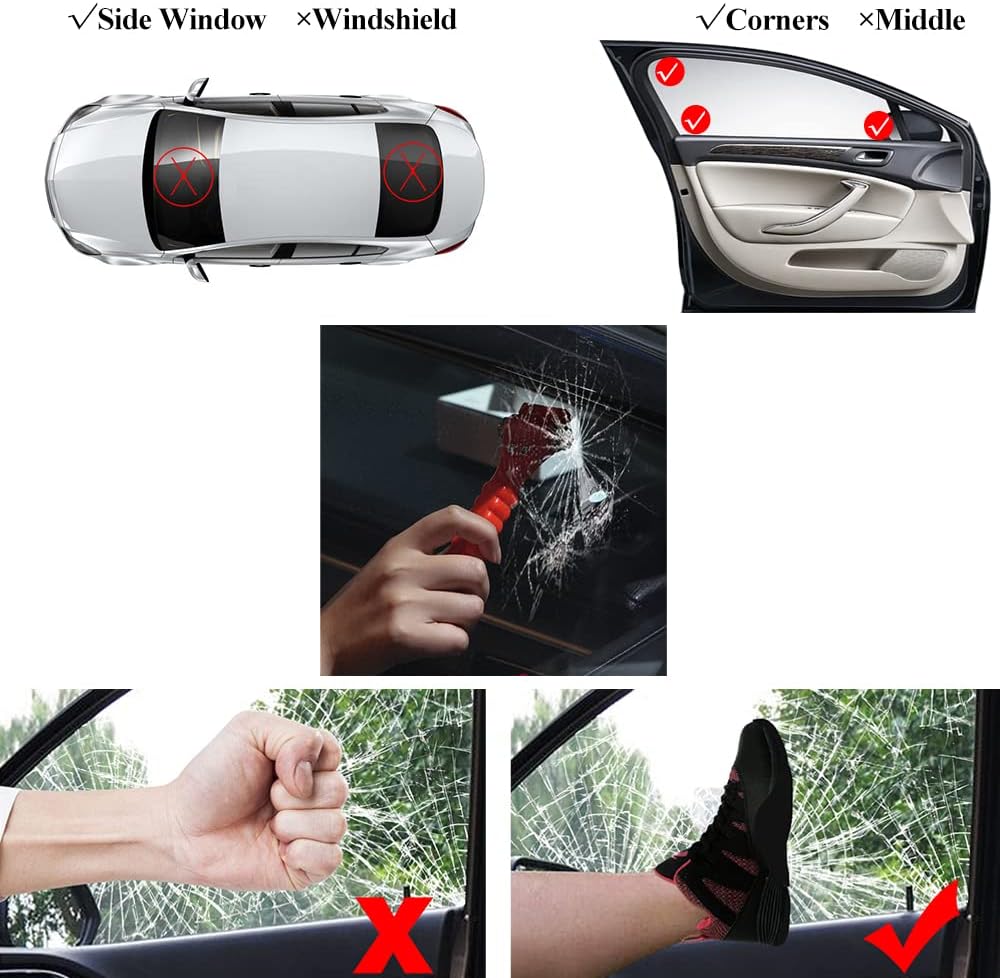 SINSEN Car Safety Hammer, Window Glass Hammer Breaker and Seat Belt Cutter Emergency Escape Tool Auto Car Escape 2-in-1 for Family Rescue &amp; Automotive Escape Tools, Reflective Tape, Set of 4 (T-04)