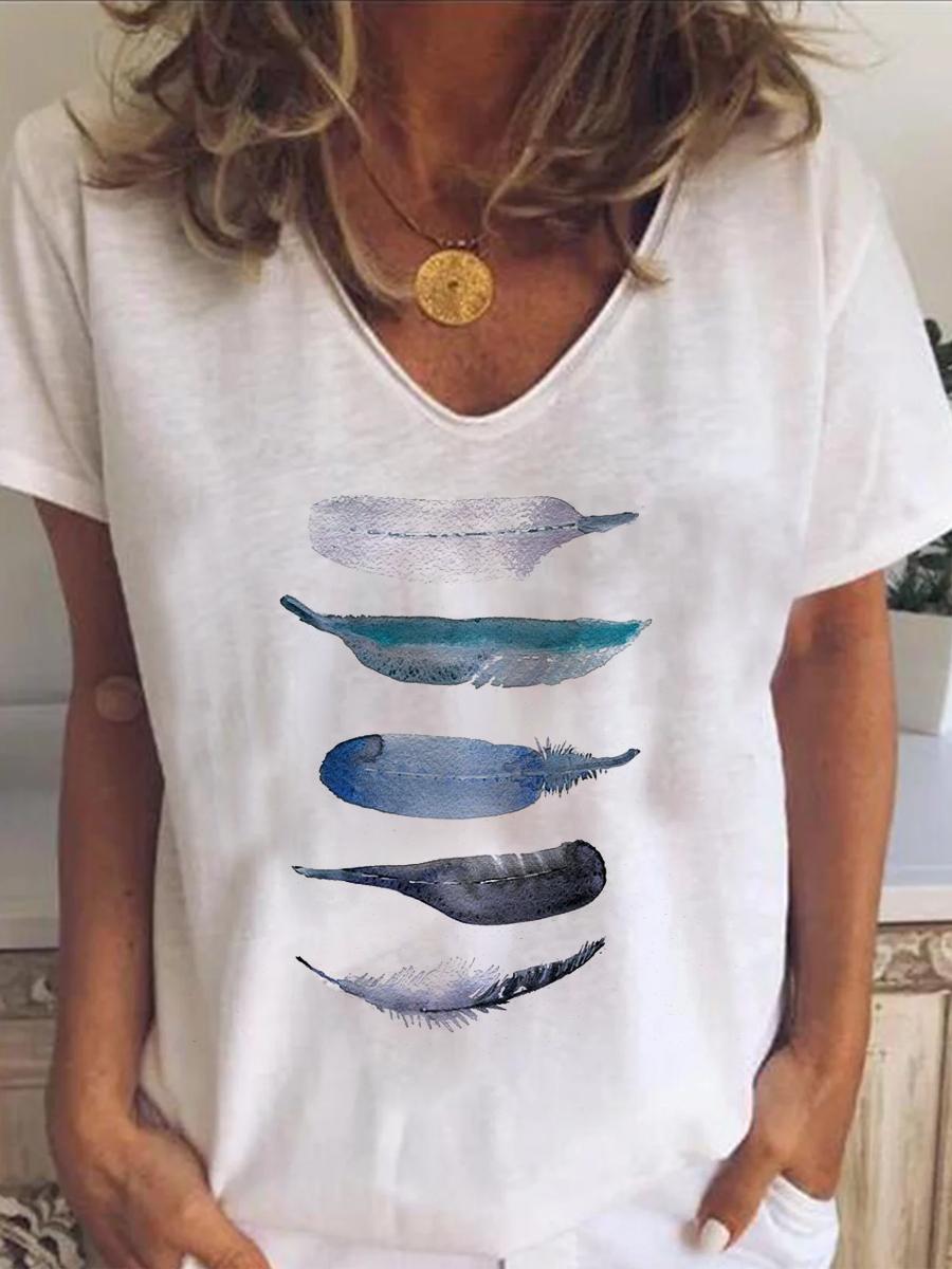Ladies V-neck Short-sleeved Cotton Feather Print T-shirt