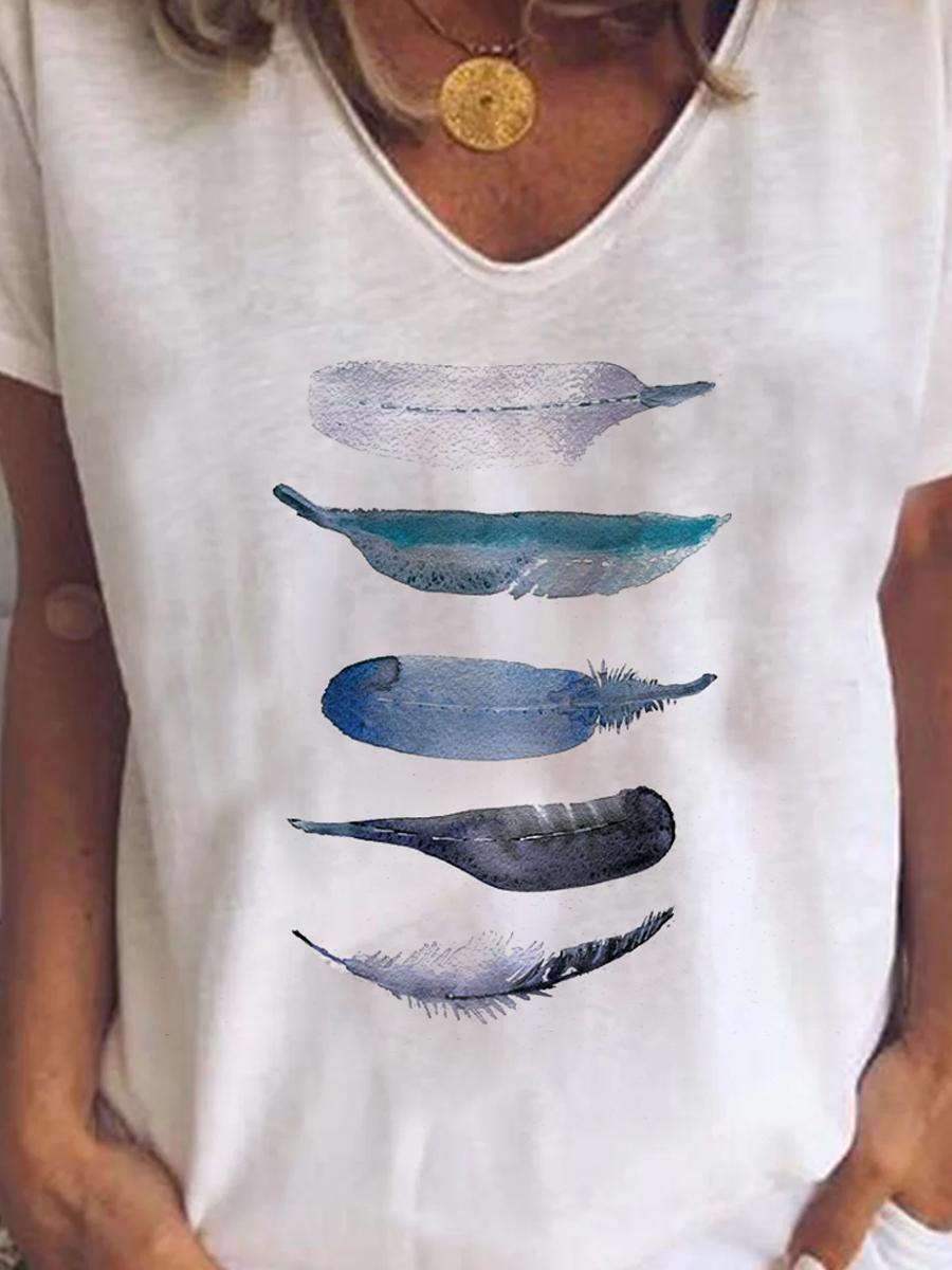 Ladies V-neck Short-sleeved Cotton Feather Print T-shirt