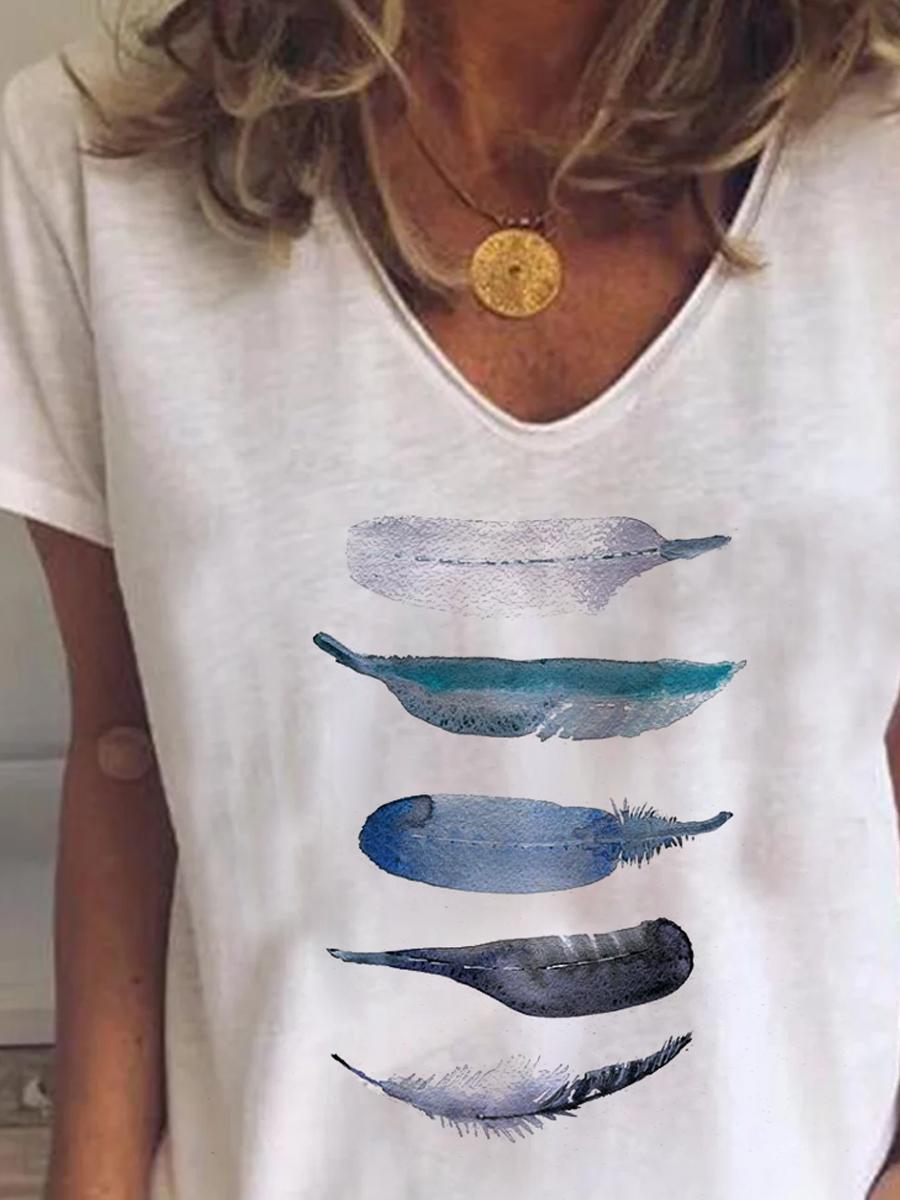 Ladies V-neck Short-sleeved Cotton Feather Print T-shirt