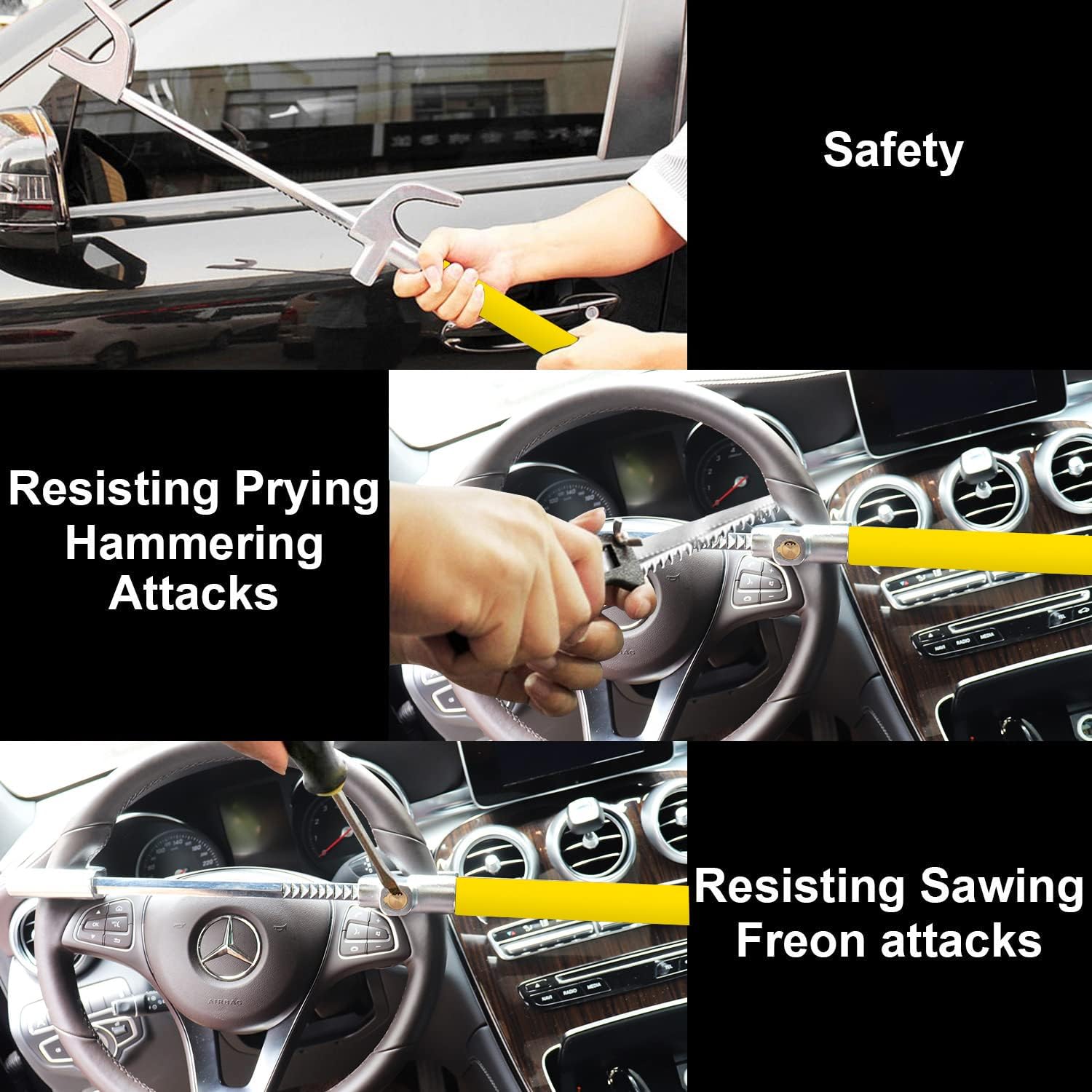 Tevlaphee Steering Wheel Lock Anti Theft Car Device Universal Car Theft Prevention Car Lock Adjustable Double Hook Emergency Hammer Window Breaker Self Defense Heavy Duty Secure (Yellow)