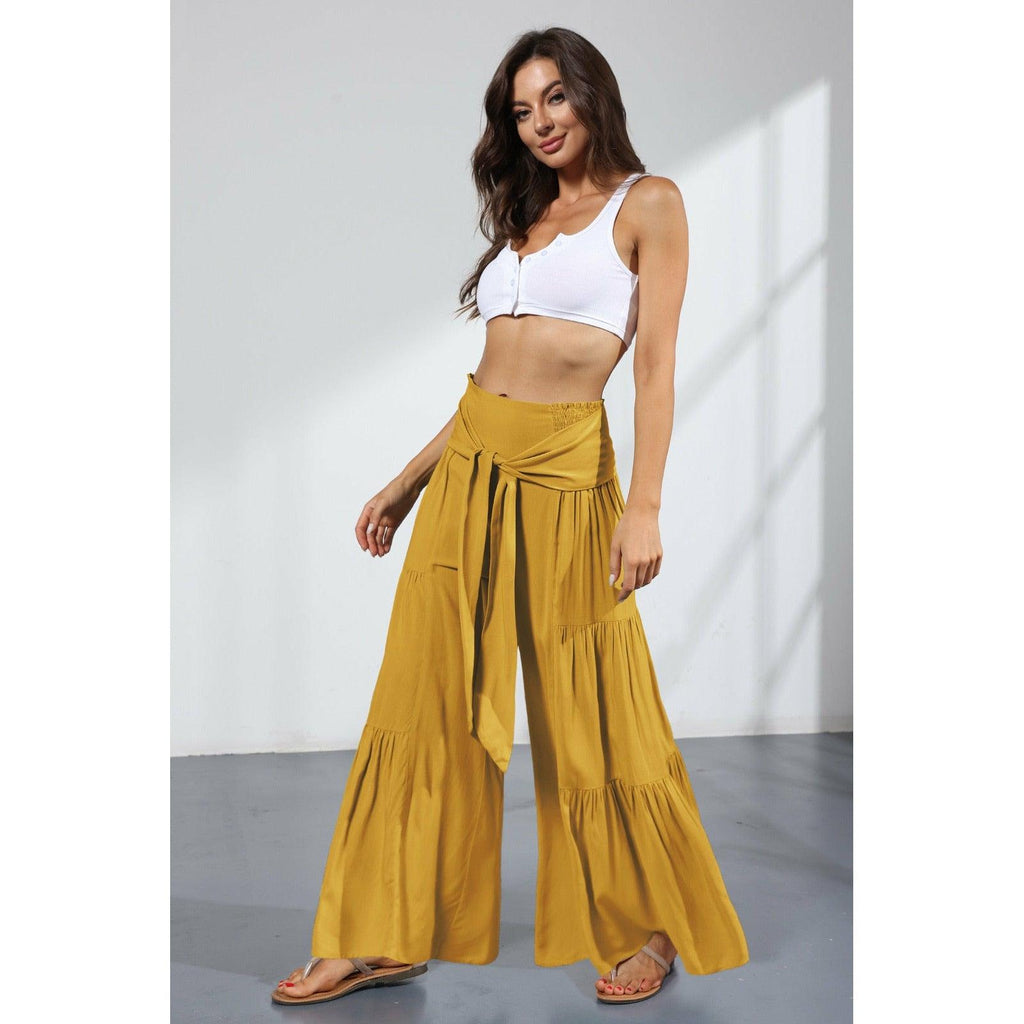 lace up elastic waist pleated pants