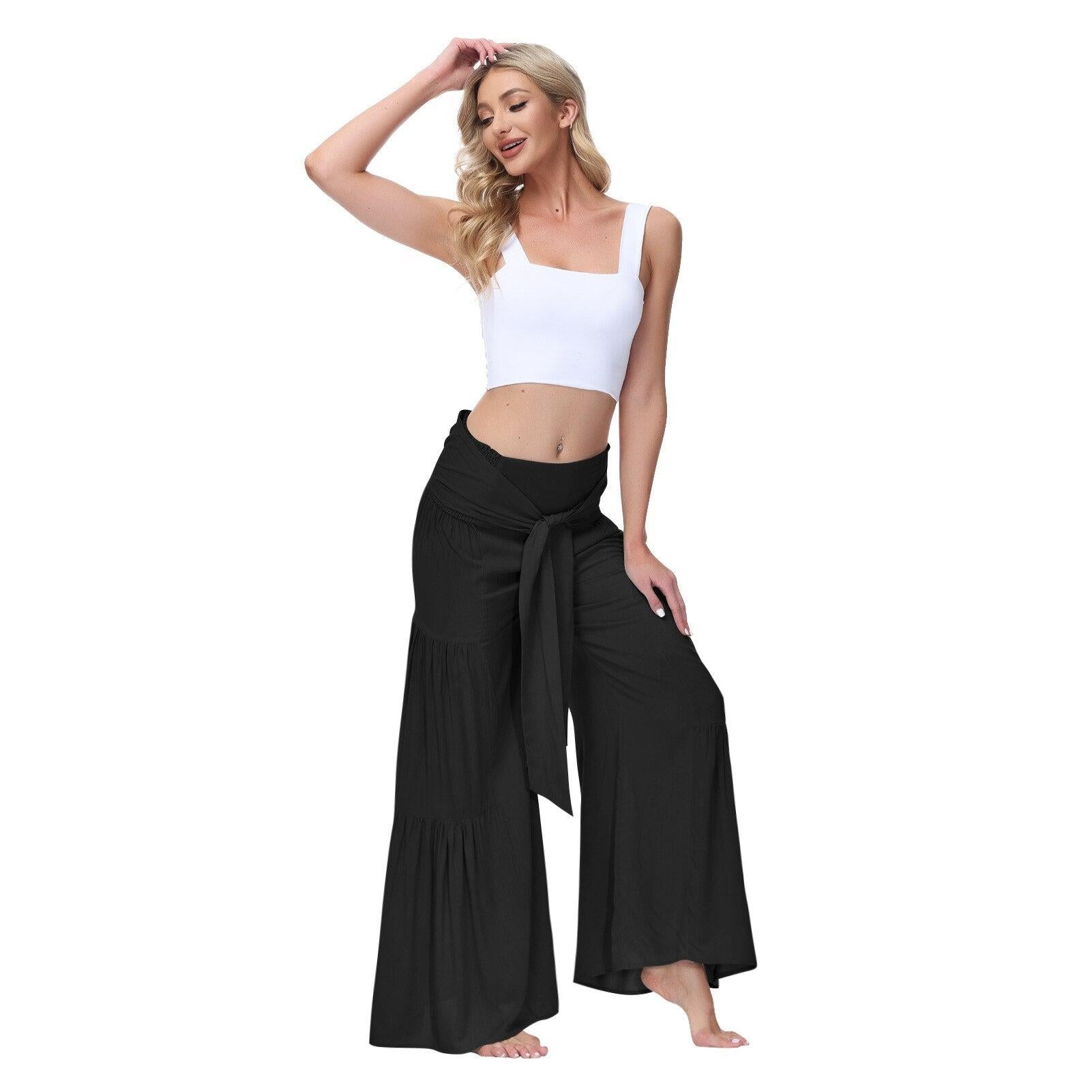 lace up elastic waist pleated pants