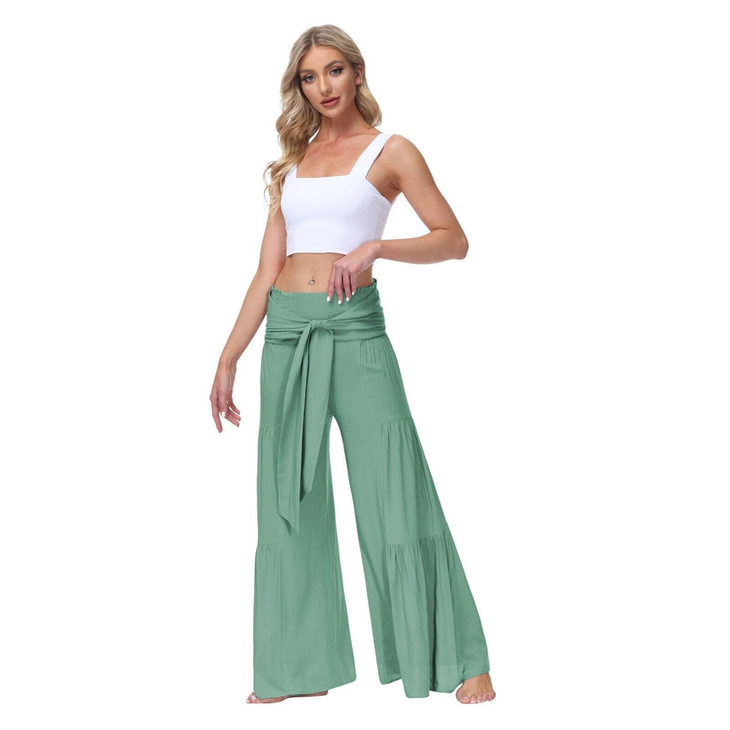 lace up elastic waist pleated pants