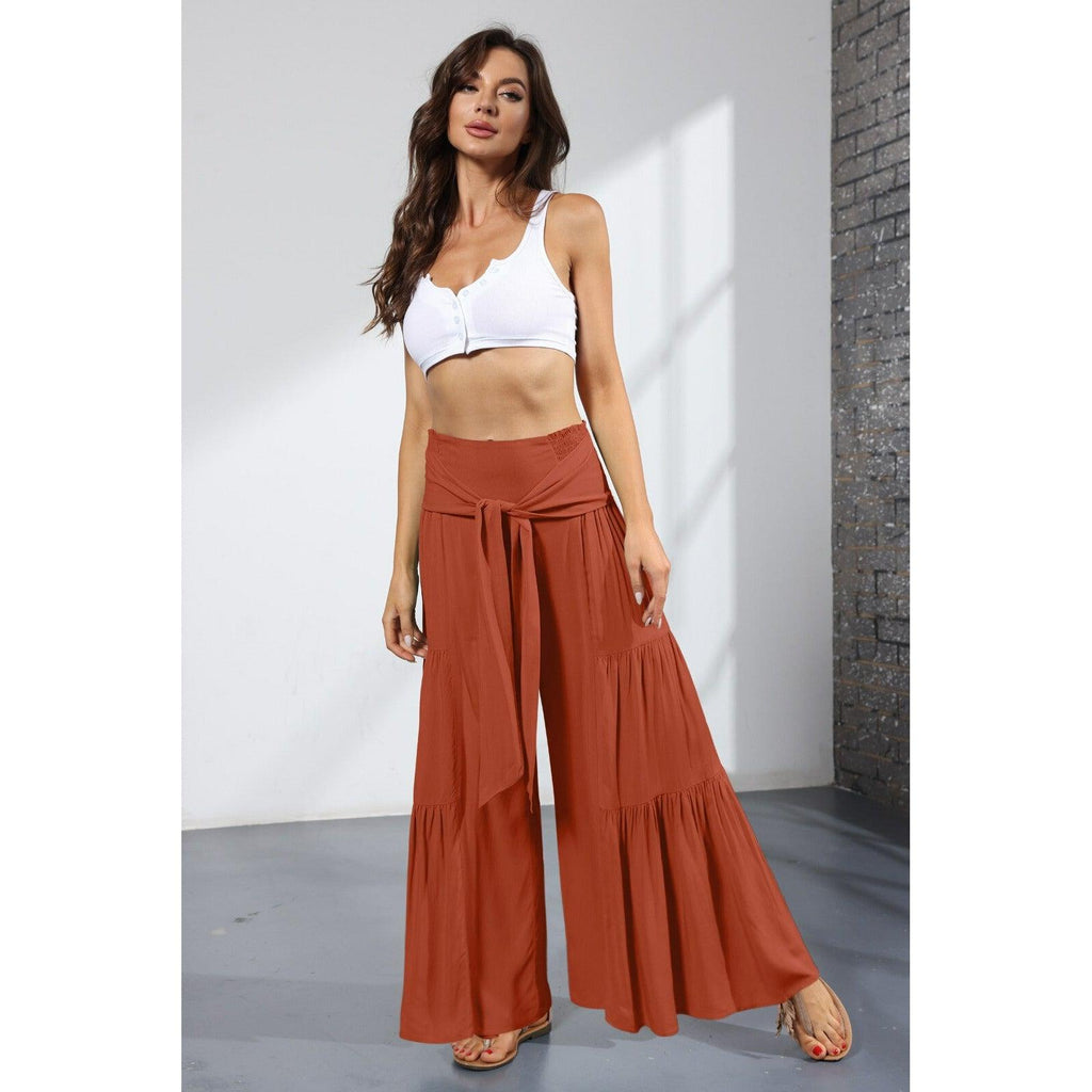 lace up elastic waist pleated pants