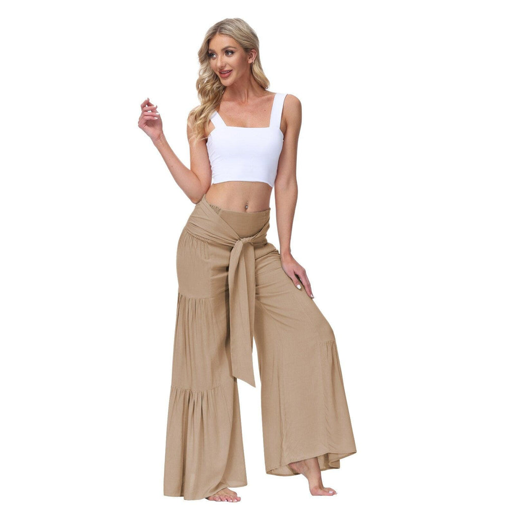 lace up elastic waist pleated pants