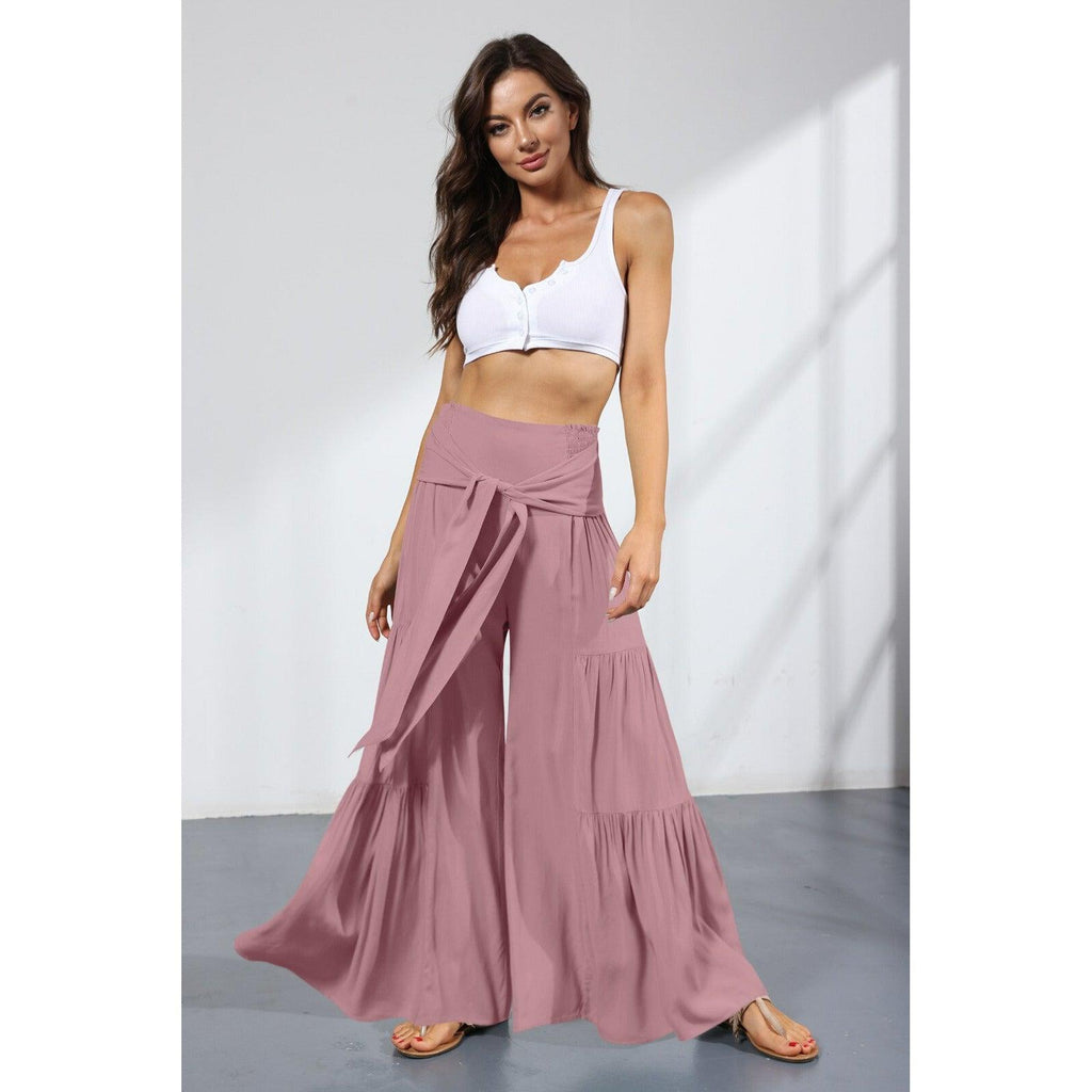 lace up elastic waist pleated pants