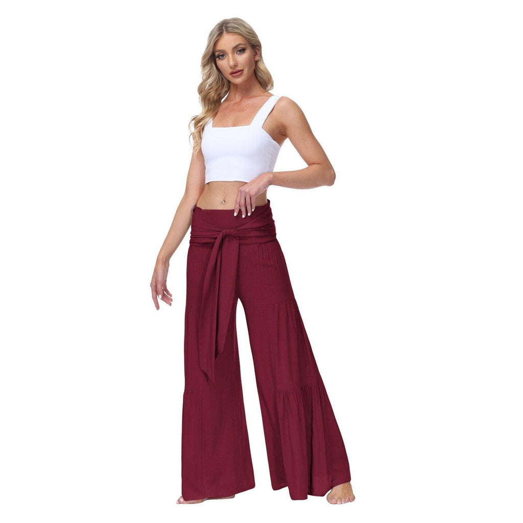 lace up elastic waist pleated pants