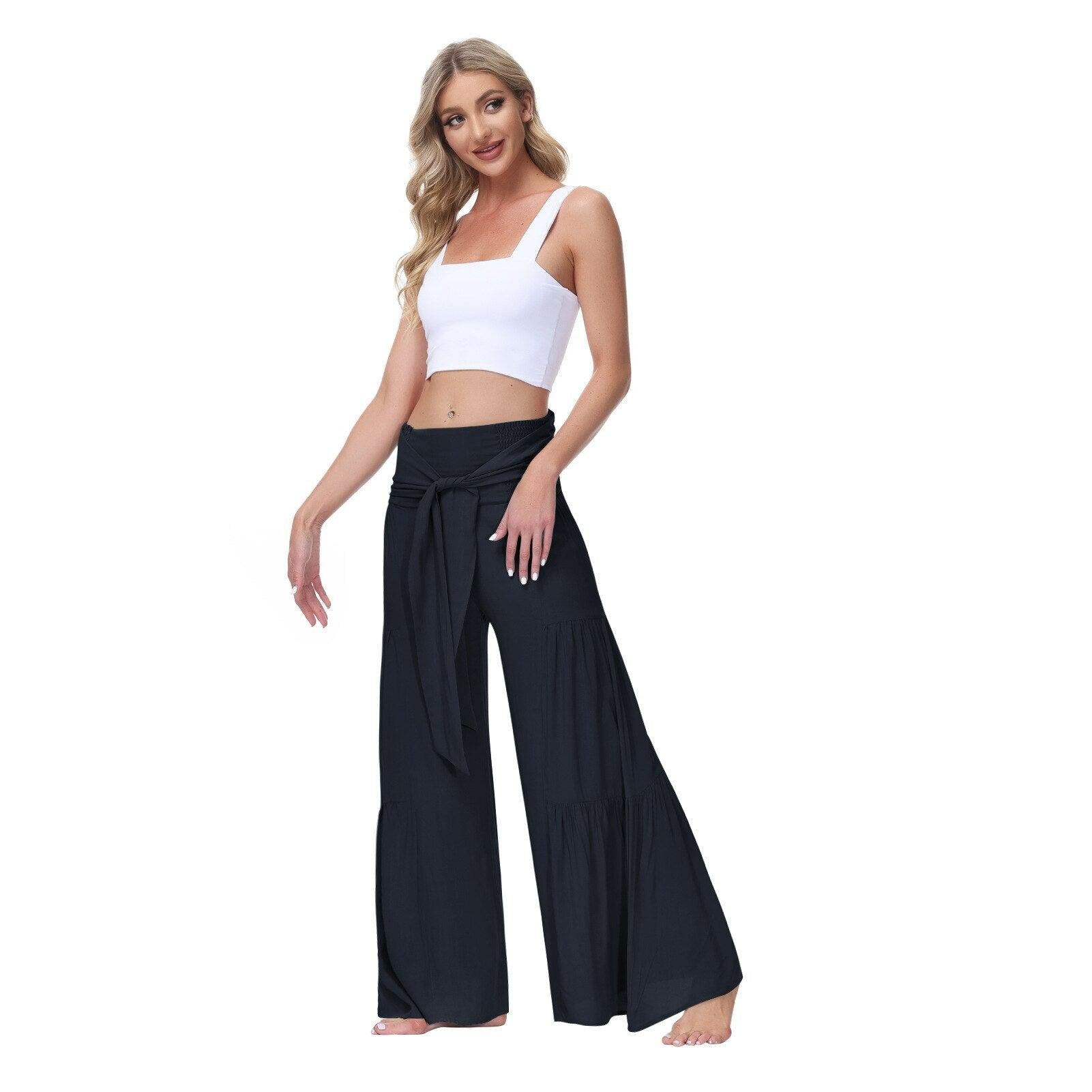 lace up elastic waist pleated pants