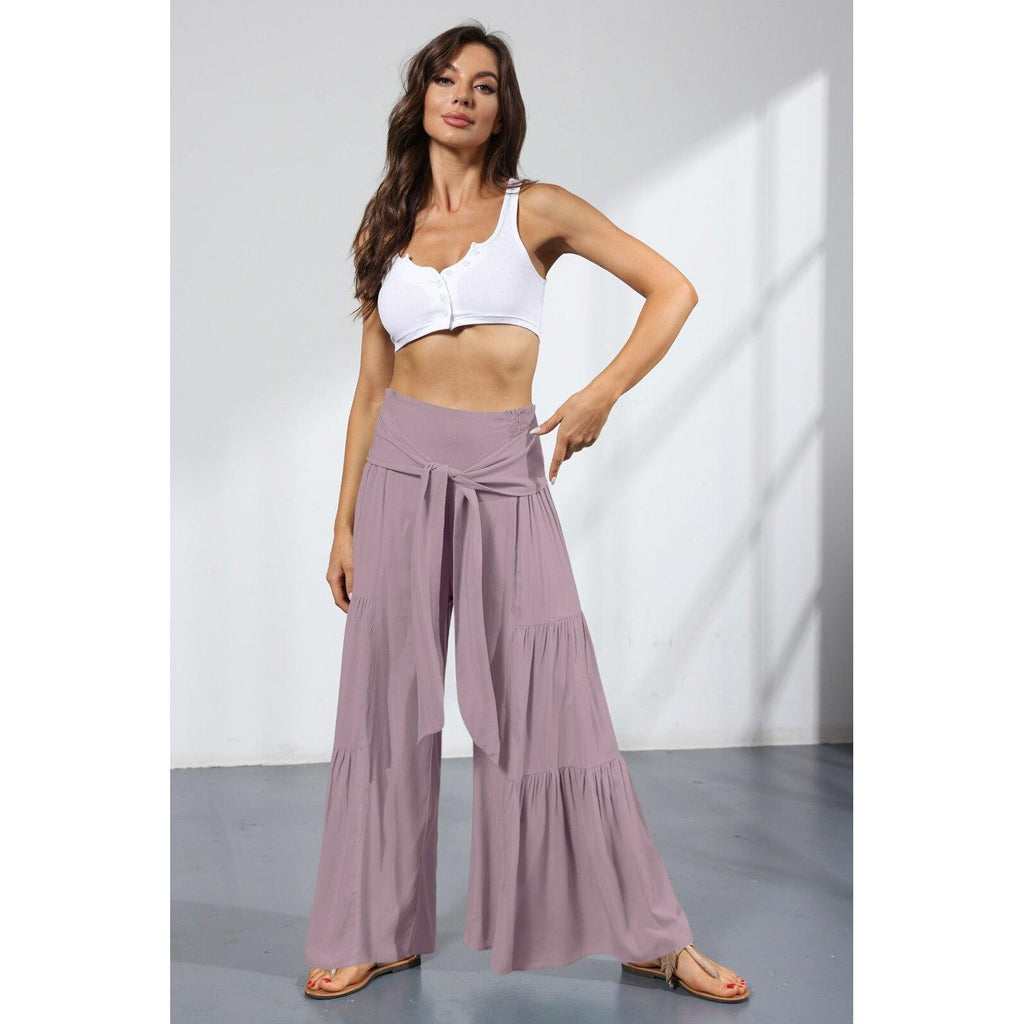 lace up elastic waist pleated pants
