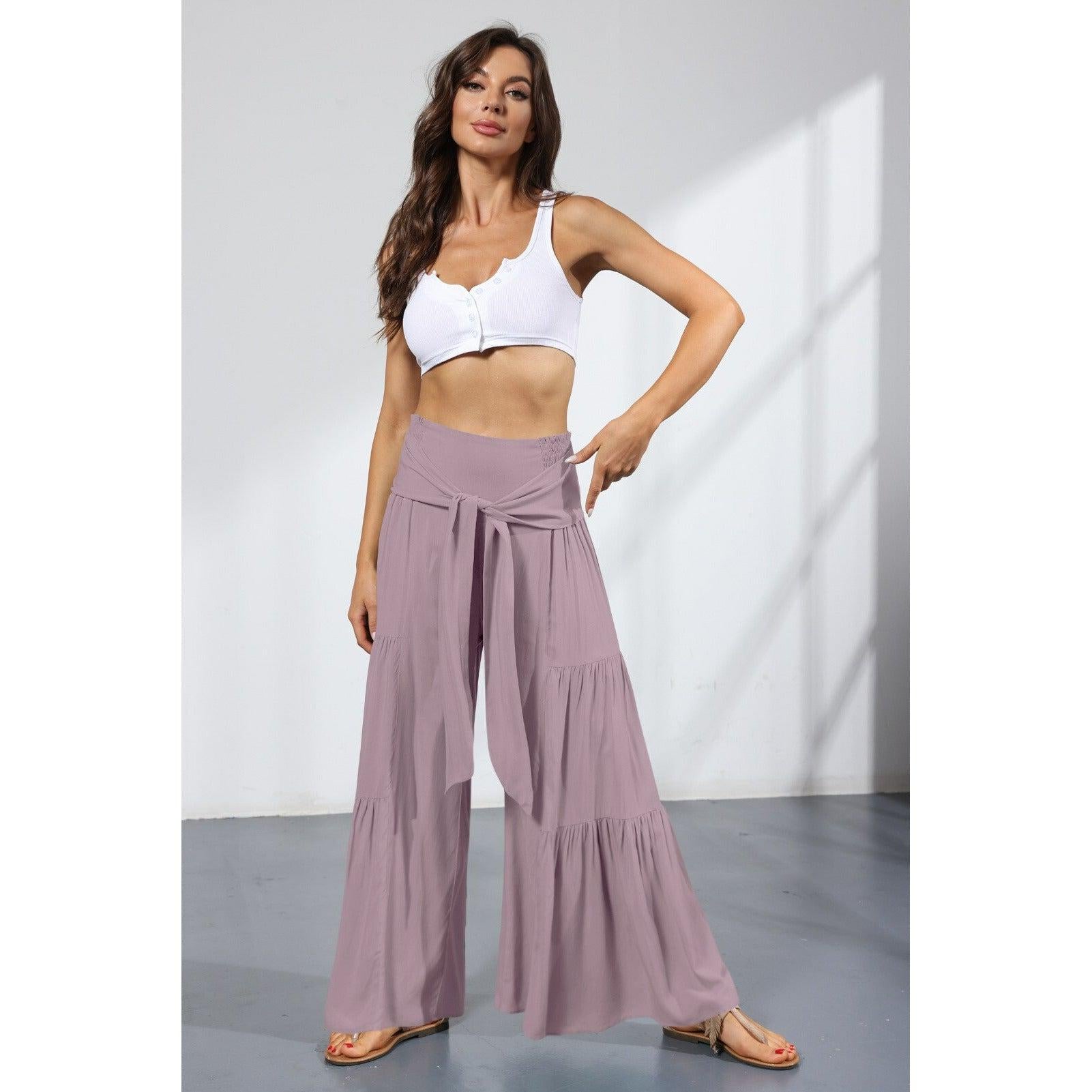 lace up elastic waist pleated pants
