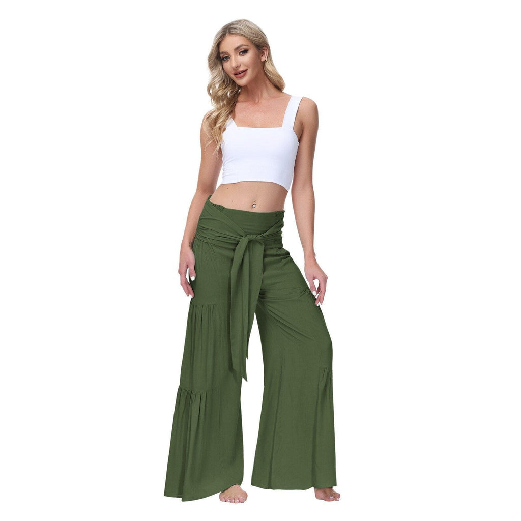 lace up elastic waist pleated pants
