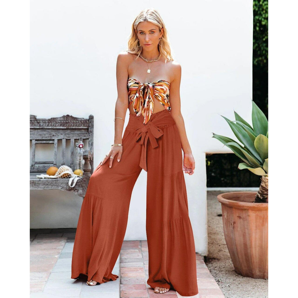 lace up elastic waist pleated pants
