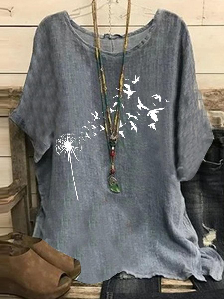 Crew Neck Botanical Print Casual Short Sleeve Blouse