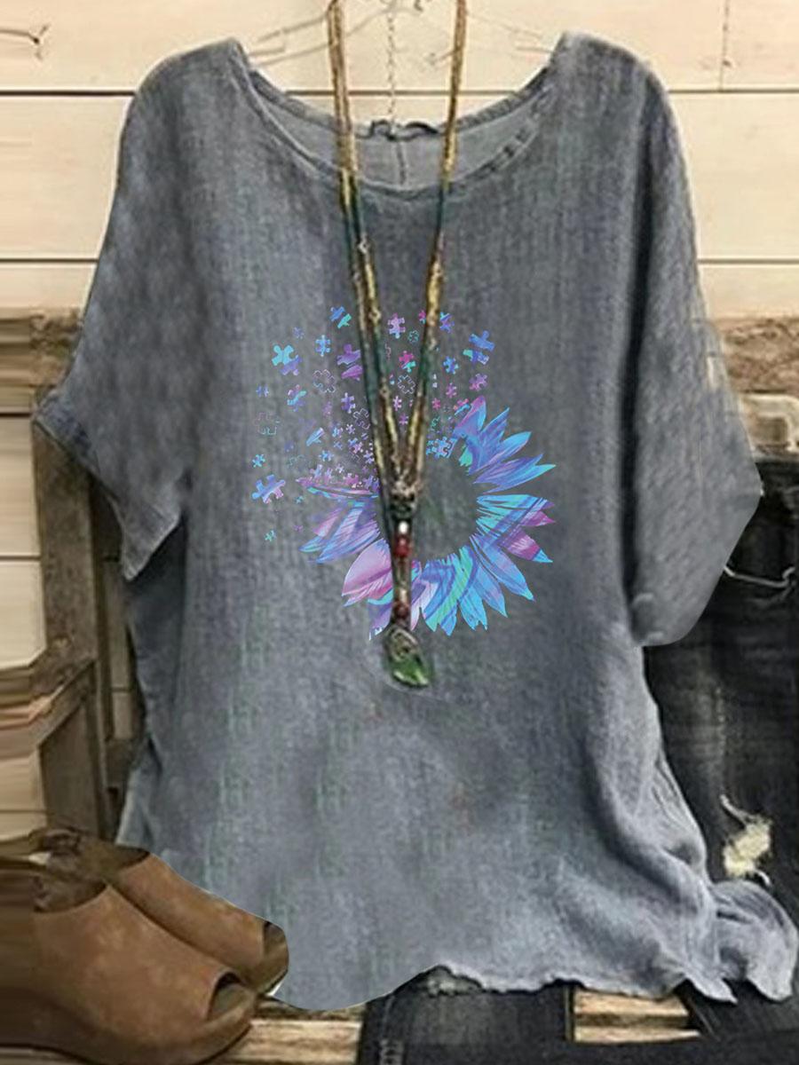 Crew Neck Botanical Print Casual Short Sleeve Blouse