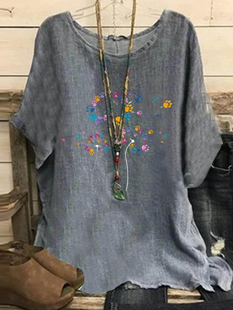 Crew Neck Botanical Print Casual Short Sleeve Blouse