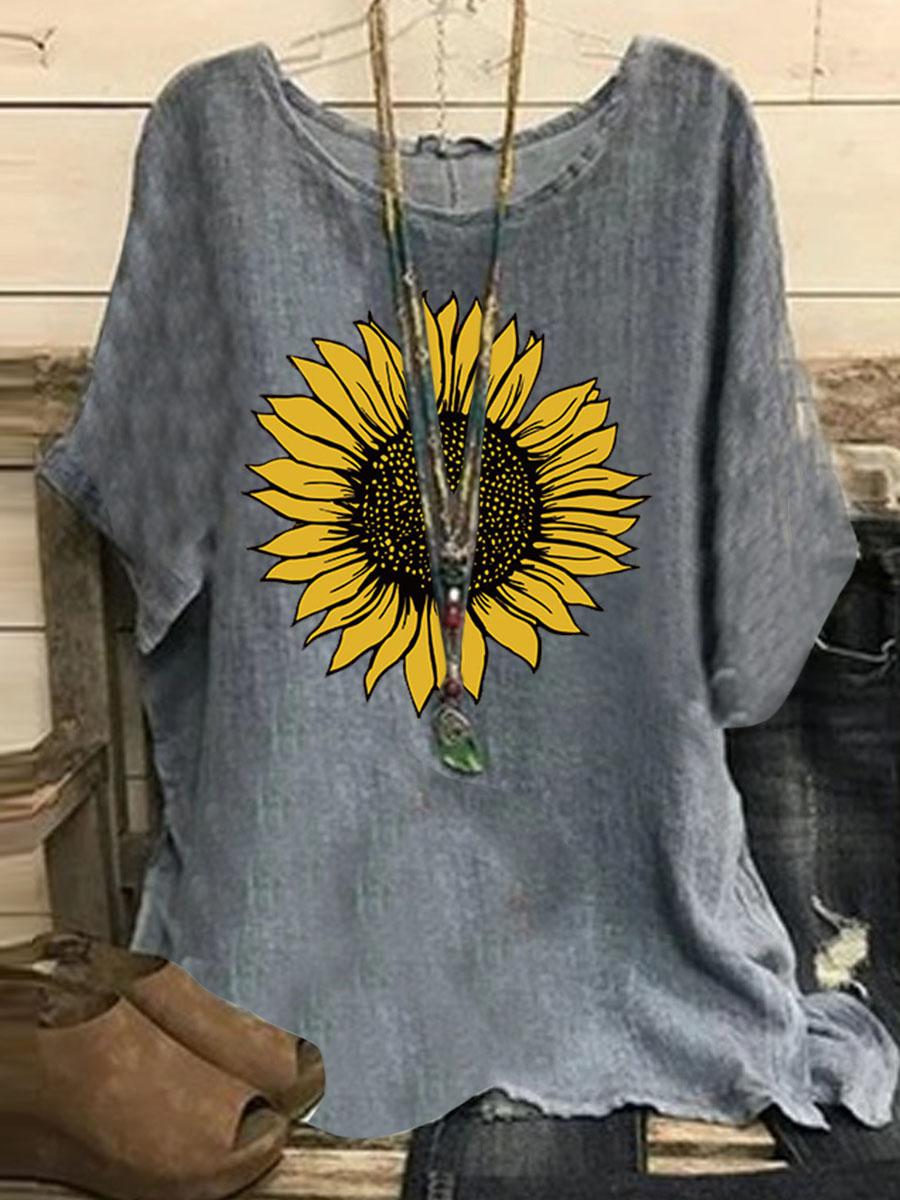 Crew Neck Botanical Print Casual Short Sleeve Blouse