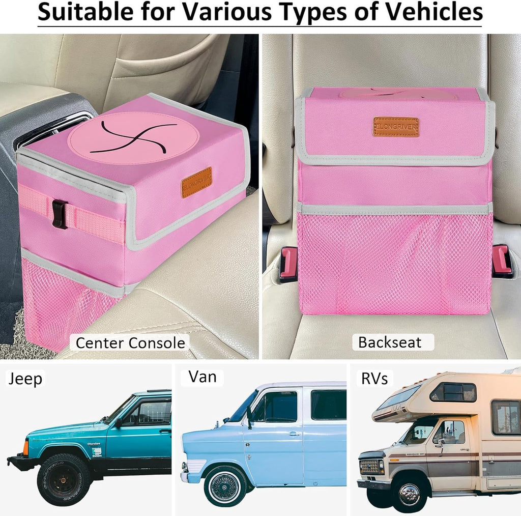 ELONGRIVER Car Trash Can Bin for Car Back Seat Leak Proof, Cute Car Trash Bag Hanging, Vehicle Trash Can for SUV Truck Van, Automotive Car Garbage Cans Front Seat Pink