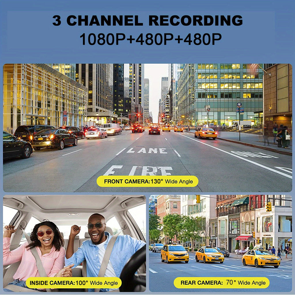 Camera FHD 1080P 3-Channel Dash Camera Front And Rear Inside Dash IR Night Vision Loop Recording G-Sensor Car DVR Camera With 2-Inch IPS Screen 3 Cameras