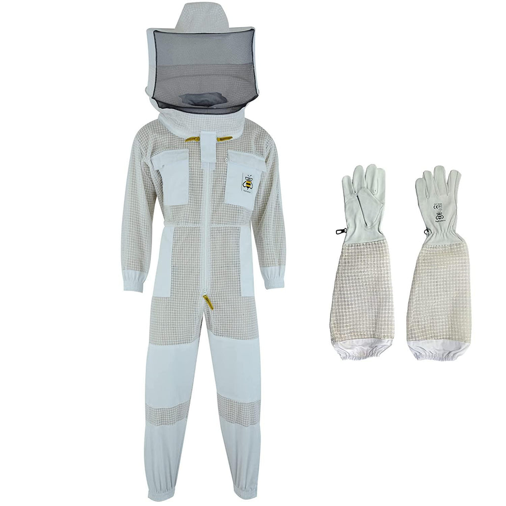 BeeProGear Ventilated Bee Suit for Men-3X Ultra Protective Layer Beekeeping Suit-Premium White Fabric Mesh Bee Keepers Suite-Professional Bee Suit for Women with Round Veil and  Gloves (Small)