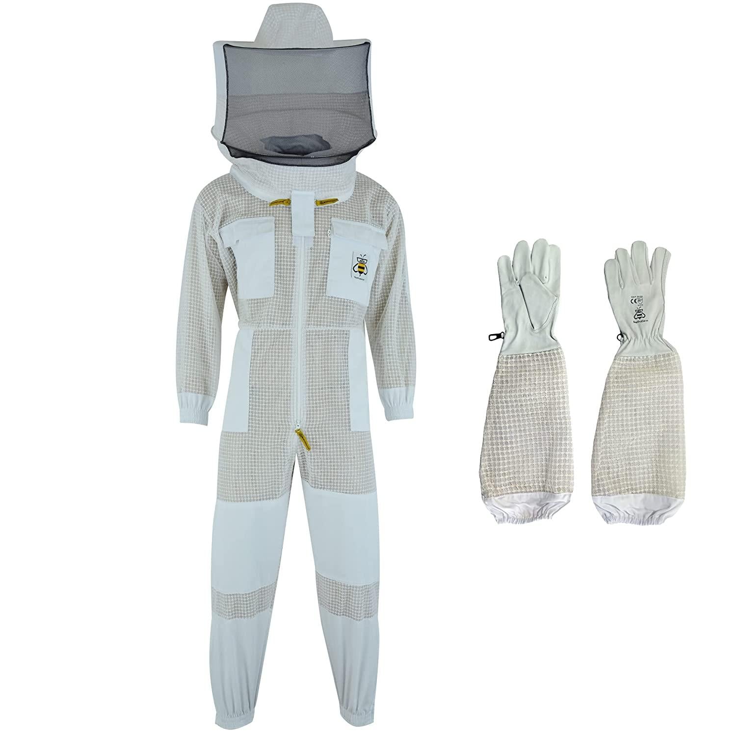 BeeProGear Ventilated Bee Suit for Men-3X Ultra Protective Layer Beekeeping Suit-Premium White Fabric Mesh Bee Keepers Suite-Professional Bee Suit for Women with Round Veil and  Gloves (Small)