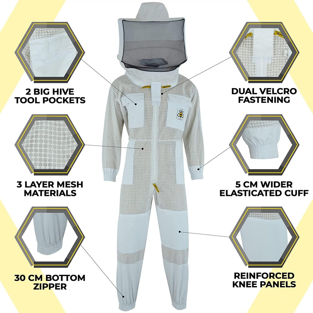 BeeProGear Ventilated Bee Suit for Men-3X Ultra Protective Layer Beekeeping Suit-Premium White Fabric Mesh Bee Keepers Suite-Professional Bee Suit for Women with Round Veil and  Gloves (Small)