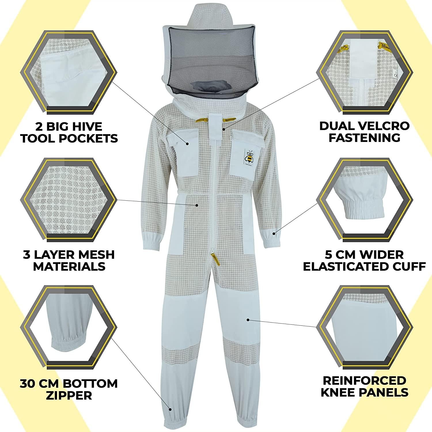 BeeProGear Ventilated Bee Suit for Men-3X Ultra Protective Layer Beekeeping Suit-Premium White Fabric Mesh Bee Keepers Suite-Professional Bee Suit for Women with Round Veil and  Gloves (Small)