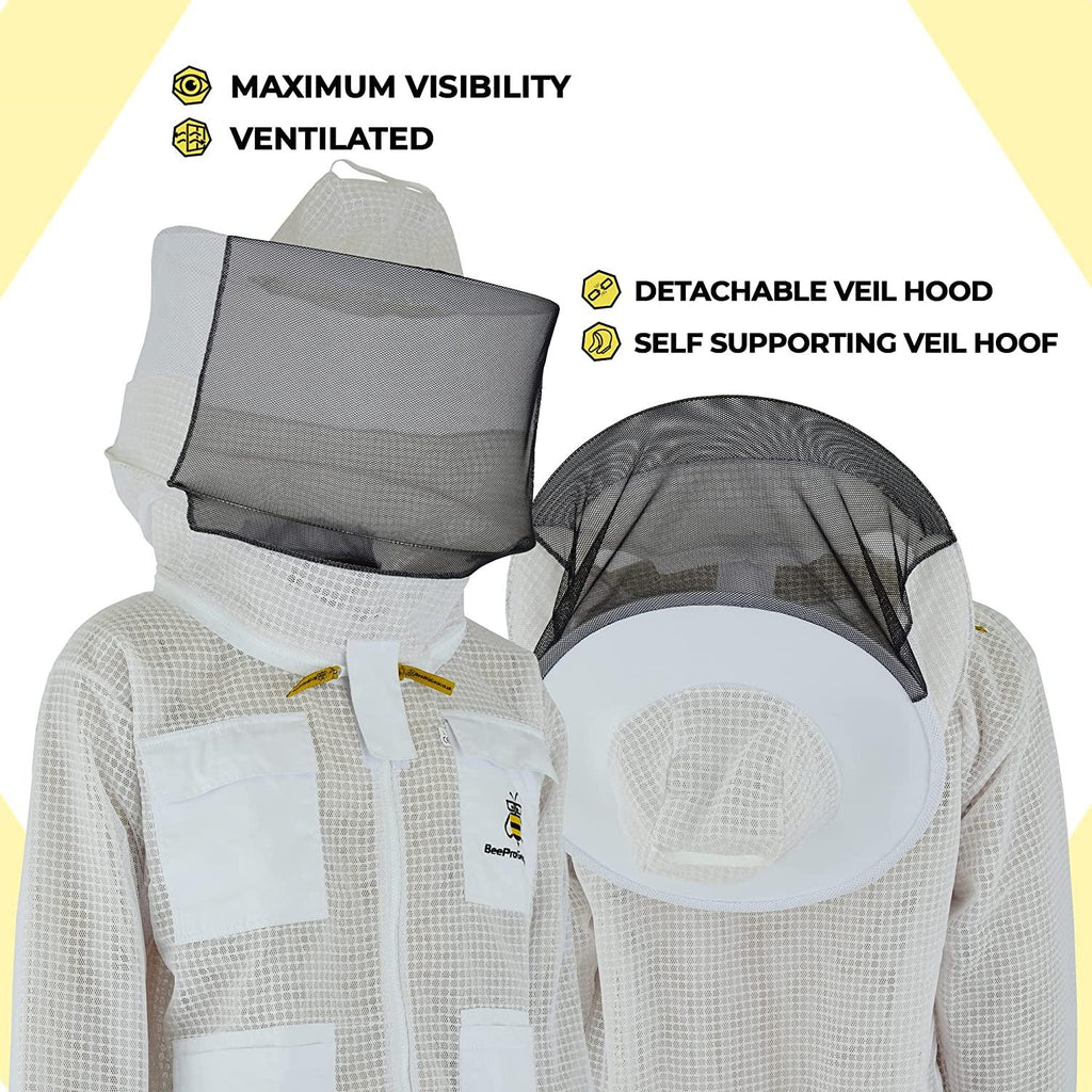 BeeProGear Ventilated Bee Suit for Men-3X Ultra Protective Layer Beekeeping Suit-Premium White Fabric Mesh Bee Keepers Suite-Professional Bee Suit for Women with Round Veil and  Gloves (Small)