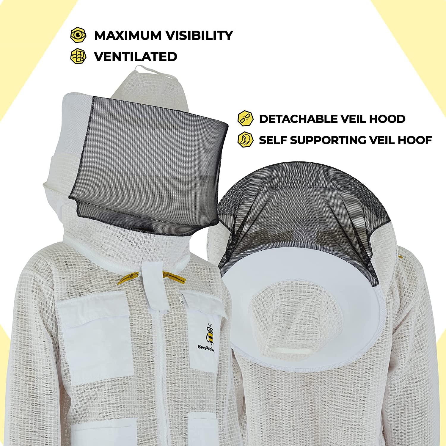 BeeProGear Ventilated Bee Suit for Men-3X Ultra Protective Layer Beekeeping Suit-Premium White Fabric Mesh Bee Keepers Suite-Professional Bee Suit for Women with Round Veil and  Gloves (Small)