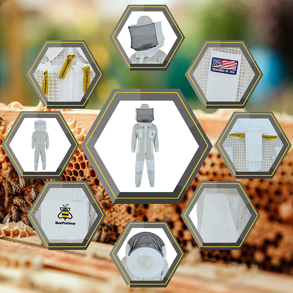 BeeProGear Ventilated Bee Suit for Men-3X Ultra Protective Layer Beekeeping Suit-Premium White Fabric Mesh Bee Keepers Suite-Professional Bee Suit for Women with Round Veil and  Gloves (Small)