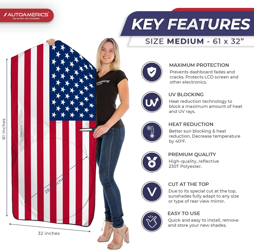Autoamerics 1-Piece Windshield Sun Shade Original American Flag USA Patriotic  - Foldable Car Front Window Sunshade for Sedans SUV Truck - Blocks Max UV Rays and Keeps Your Vehicle Cool - Medium