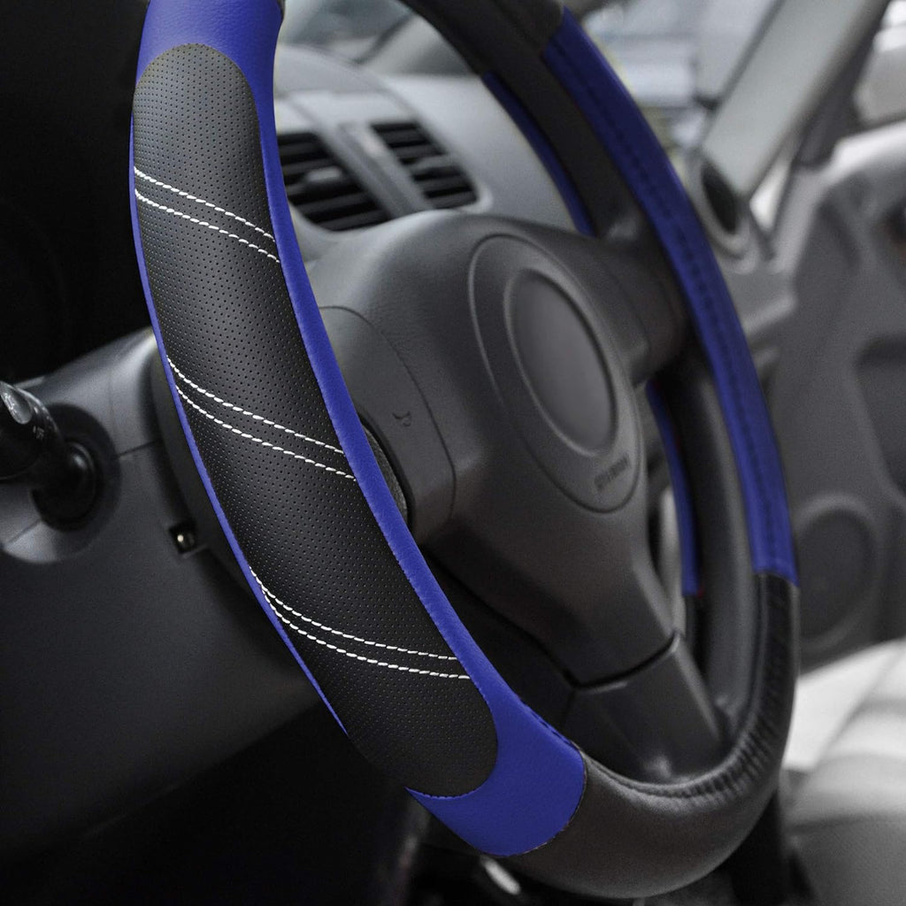 Elantrip Steering Wheel Cover Leather 14 1/2 to 15 inch Universal Padded Soft Grip Breathable for Car Truck SUV Jeep Anti Slip Blue and Black
