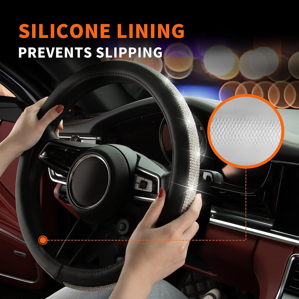 HOTOR Cute Bling Steering Wheel Cover for Women &amp; Girls with Sparkly Diamond Rhinestones, Gorgeous Accessory with Anti-Slip Lining for Diverse Cars (14.5-15 inch)