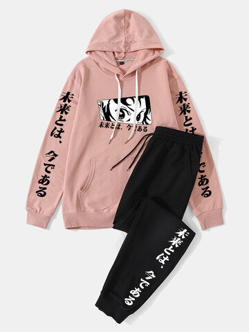 mens japanese anime figure graphic 100% cotton street hoodies two pieces outfits