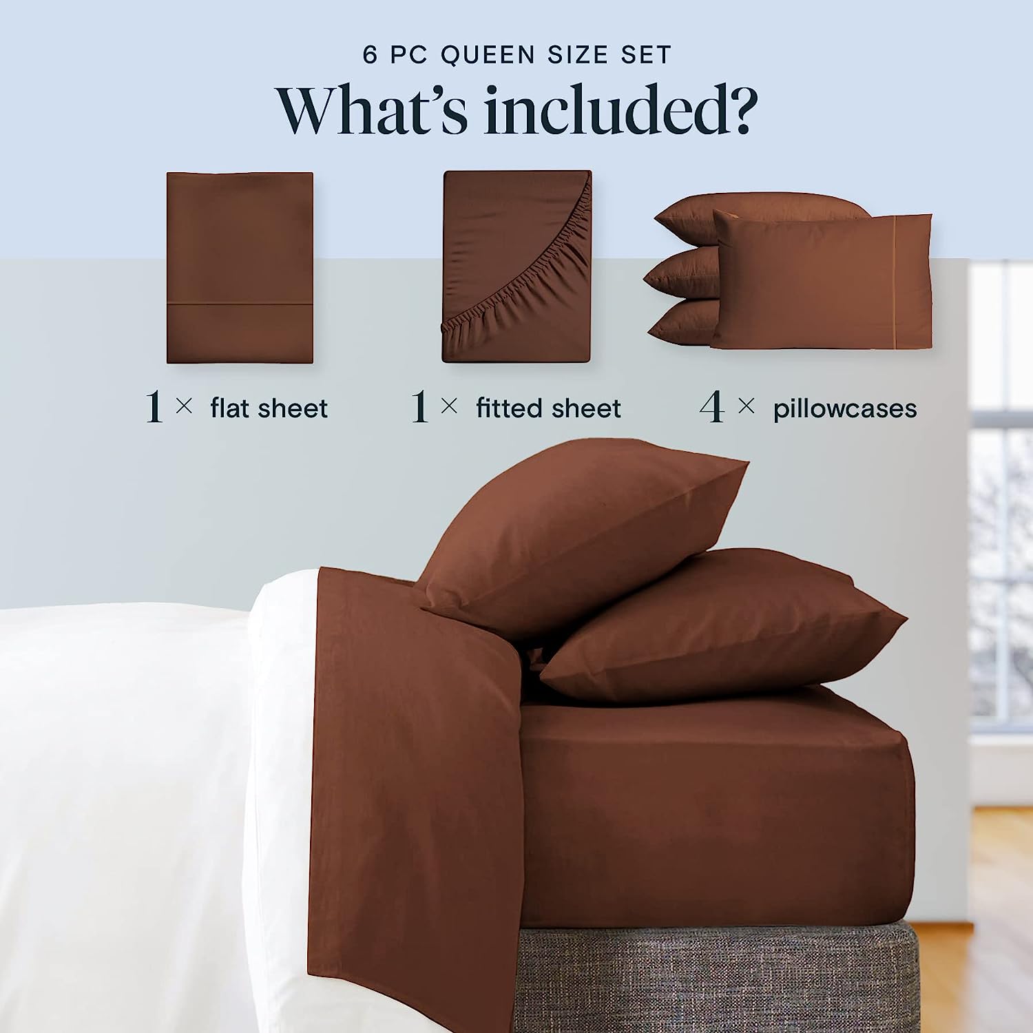 LuxClub 6 PC King Size Sheet Set Bamboo Sheets Deep Pockets 18" Eco Friendly Wrinkle Free Cooling Sheets Machine Washable Hotel Bedding Silky Soft - Brown King