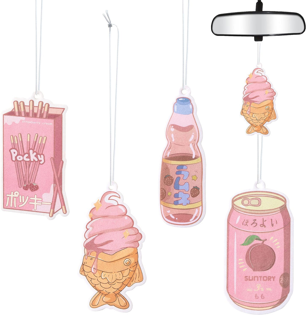 Car Air Freshener Incense Chips Scented Ornament, Car Rearview Mirror Pendant, 4 Styles and Scents Hanging Ornament Vent Decoration Cute Aromatic For Party Supplies (Snacks Kawaii)