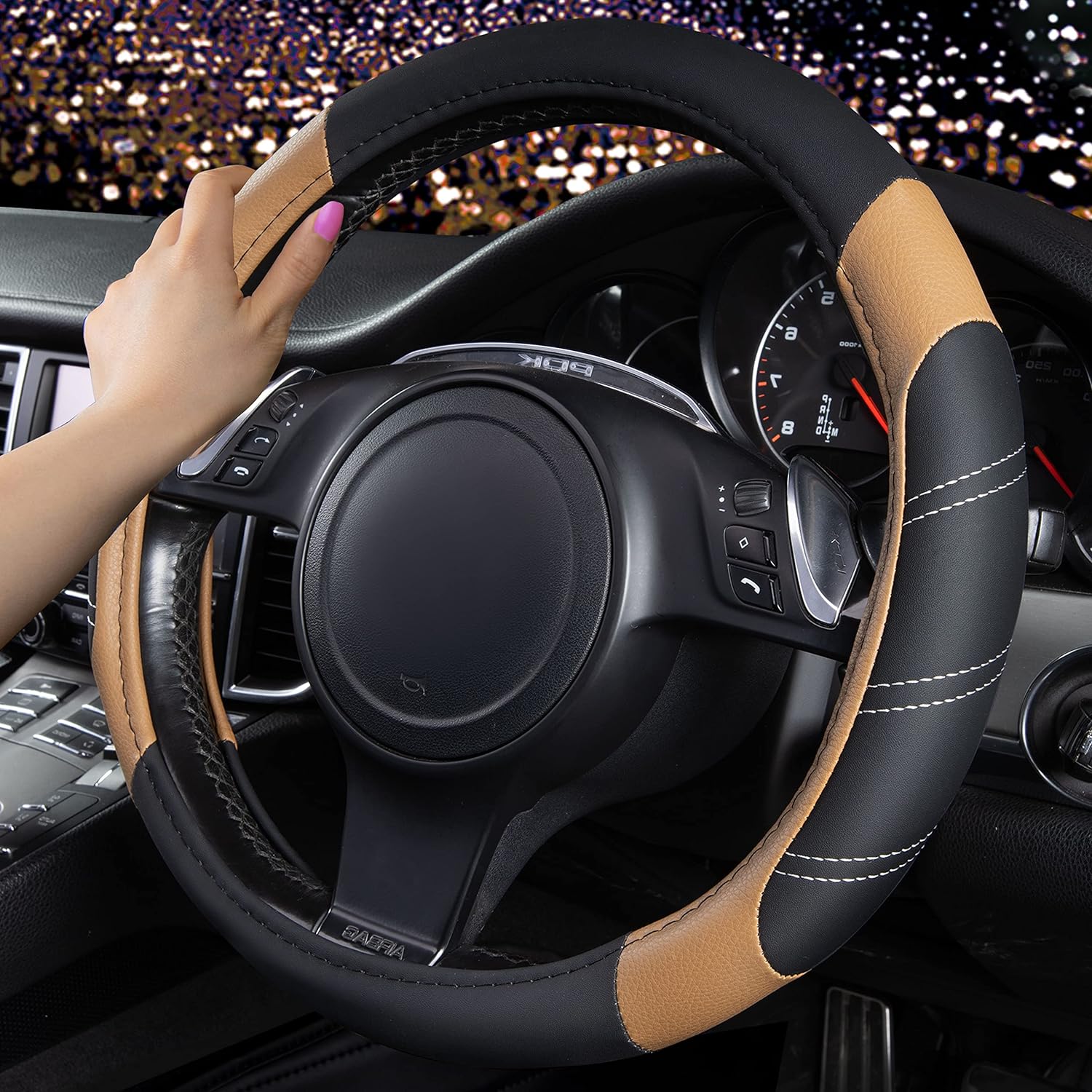 CAR PASS Line Rider Microfiber Leather Sporty Steering Wheel Cover Universal Fits for 95% Truck,SUV,Cars, Anti-Slip Safety Comfortable Desgin (Black Beige)