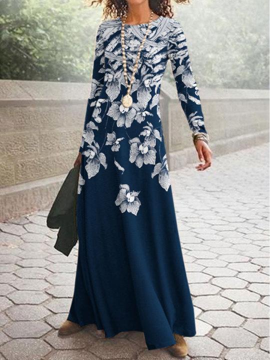 Round Neck Loose Floral Print Maxi Dress