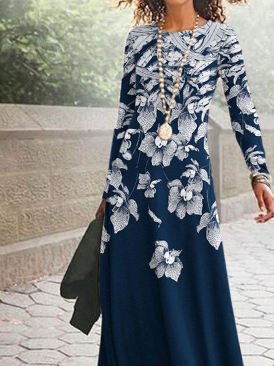 Round Neck Loose Floral Print Maxi Dress