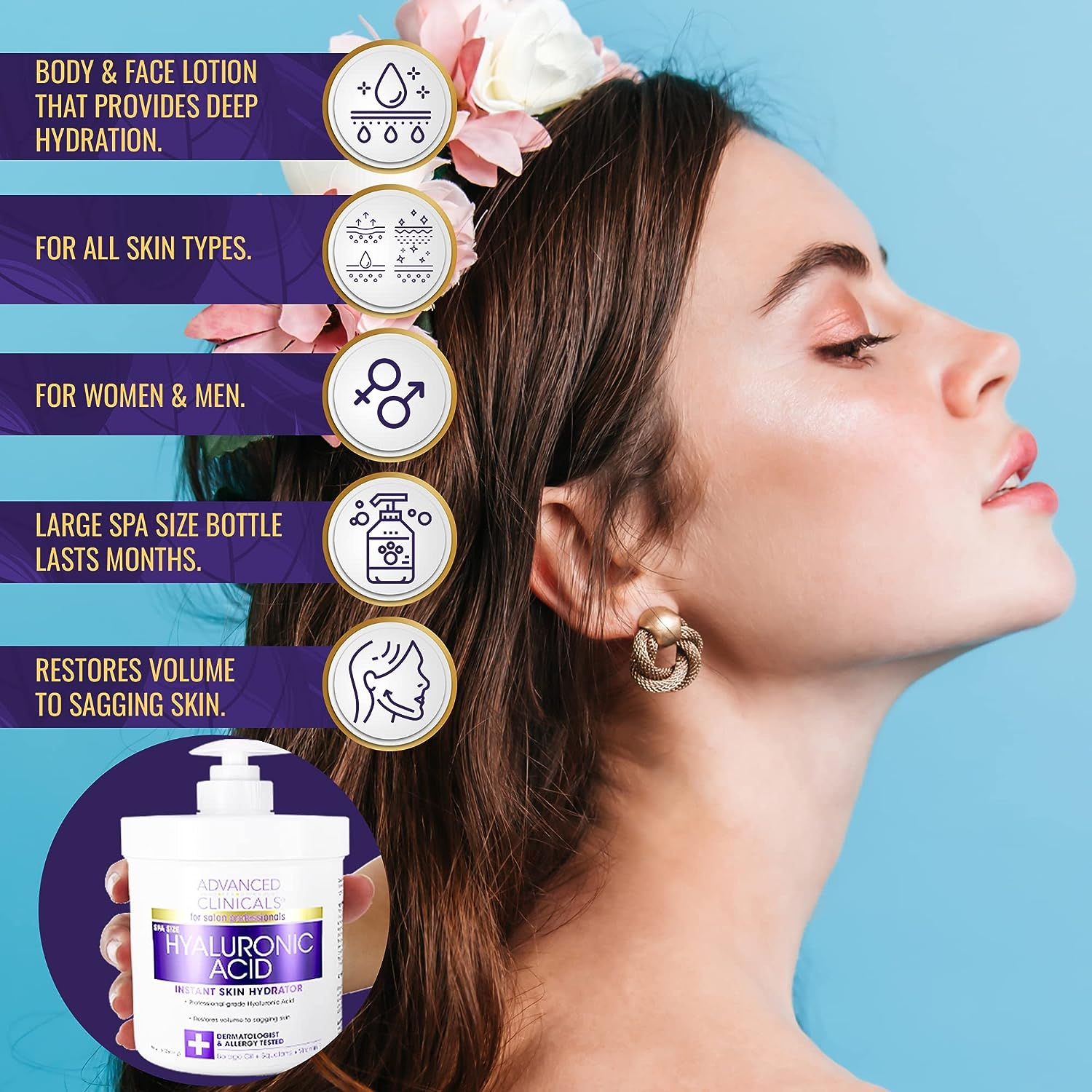 Advanced Clinicals Hyaluronic Acid Body Lotion &amp; Face Moisturizer W/Vitamin E | Hydrating Dry Skin Firming Lotion Minimizes Look Of Wrinkles, Stretch Marks, &amp; Crepey Skin | Skin Care Products, 2pc