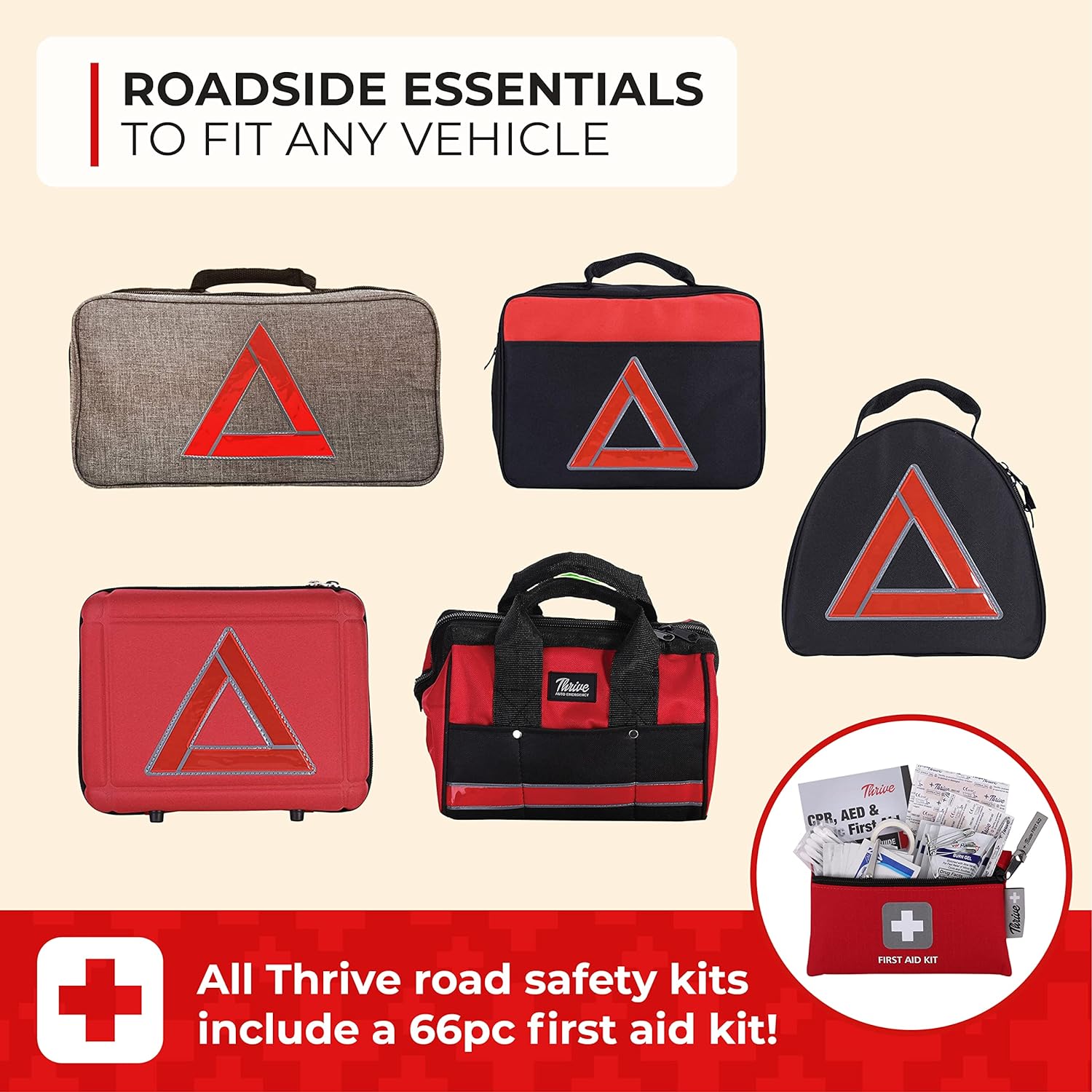 Thrive Roadside Emergency Car Kit - Car Safety Accessories and Tool Kit with Jumper Cables and Mini First Aid Kit - Car Emergency Kit for Women and Men (Triangle Bag)