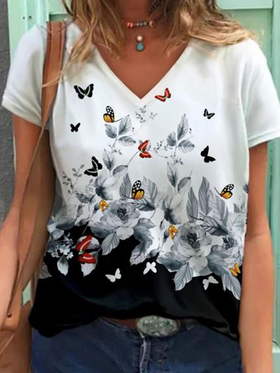 Fashion floral print V-neck T-shirt