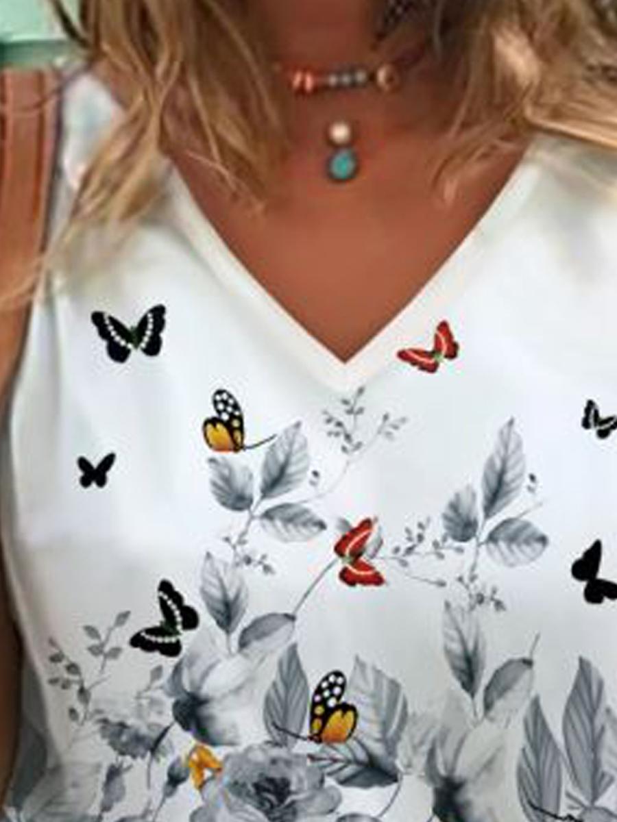 Fashion floral print V-neck T-shirt
