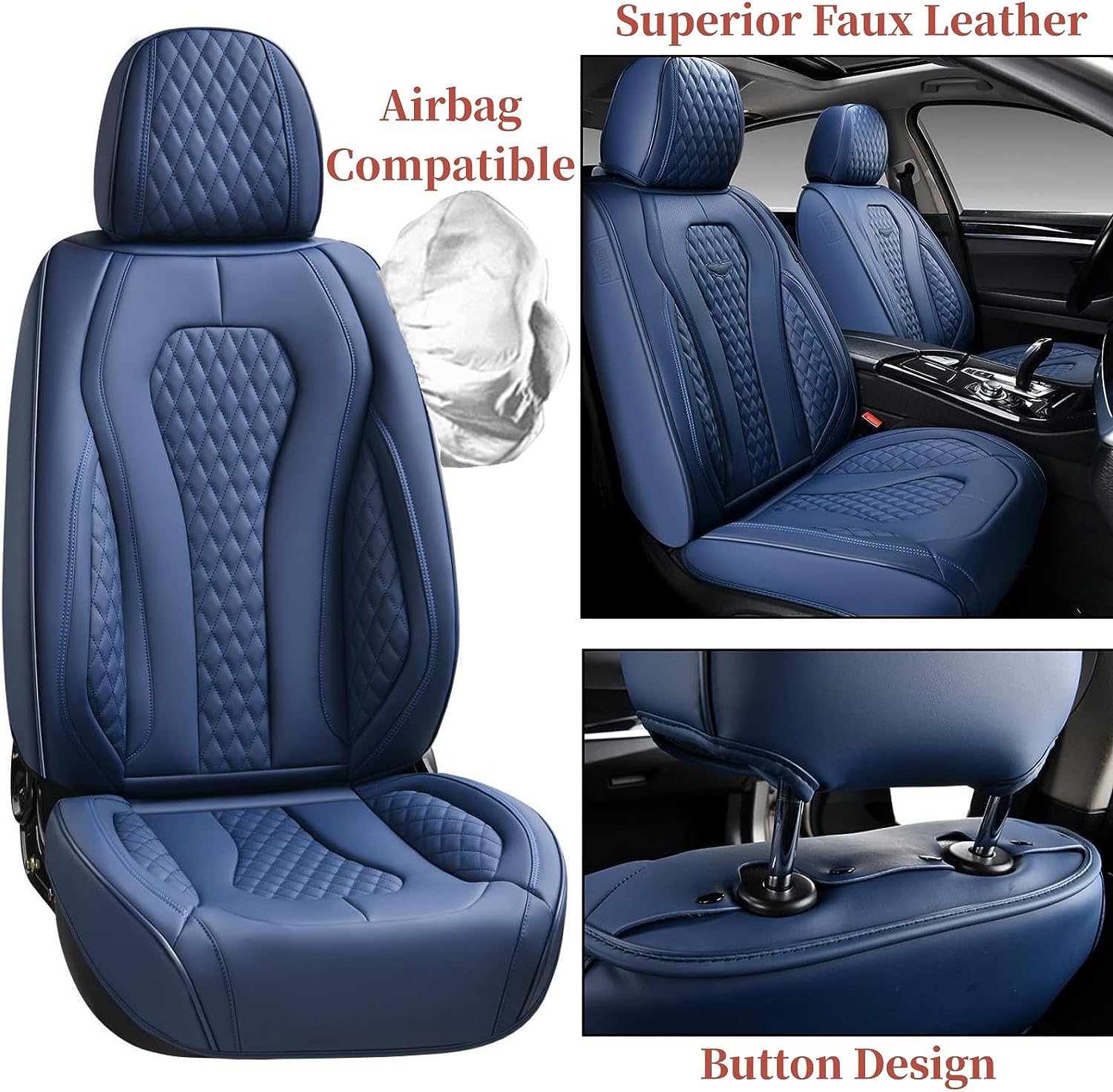 Coverado Leather Seat Covers Full Set, 5 Seats Universal, Waterproof Luxury Leatherette Seat Cushions, Front and Rear Auto Seat Protectors Fit for Most Vehicles Blue