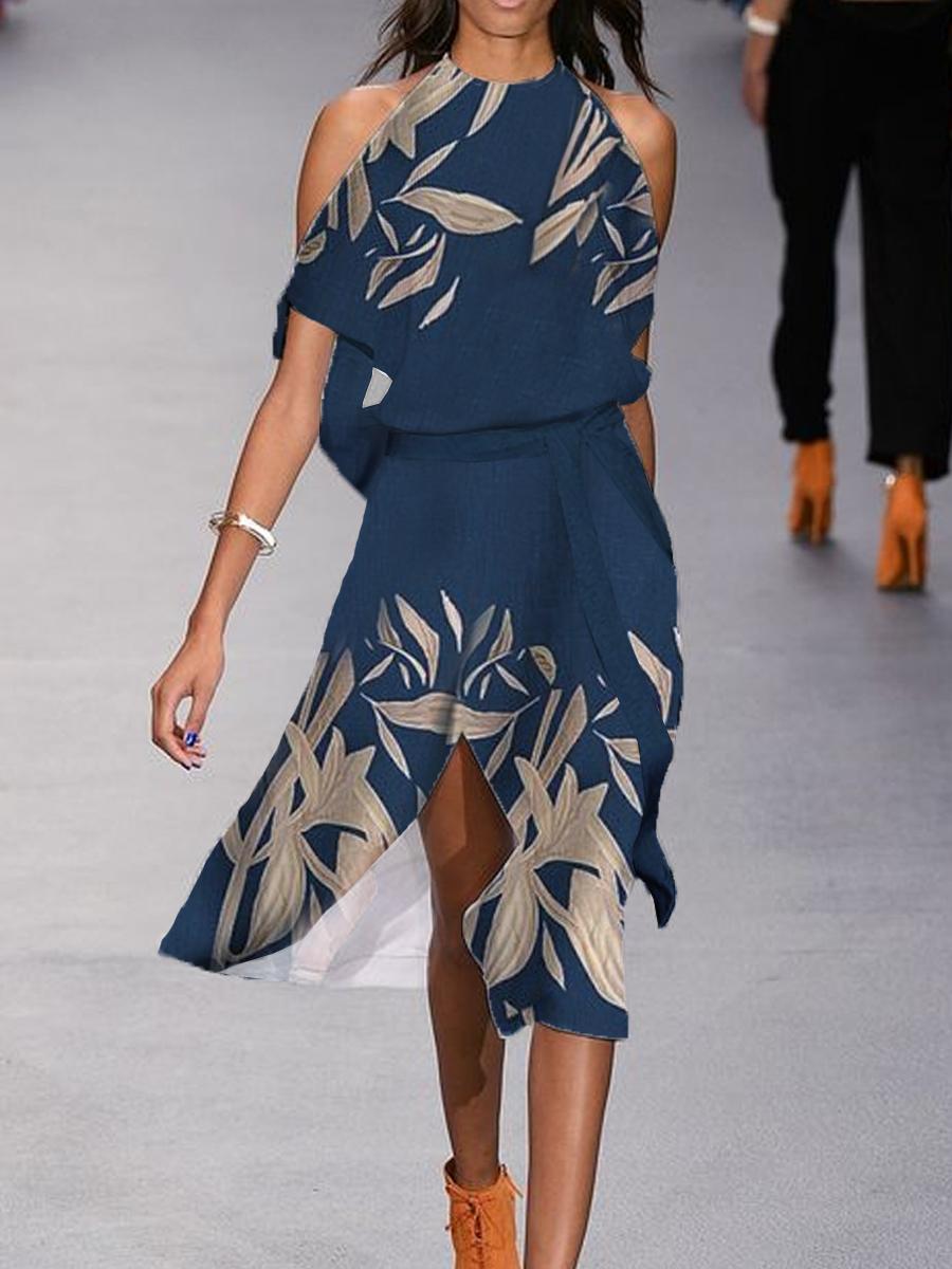 Fashion Leaf Print Off-shoulder Midi Dress Women