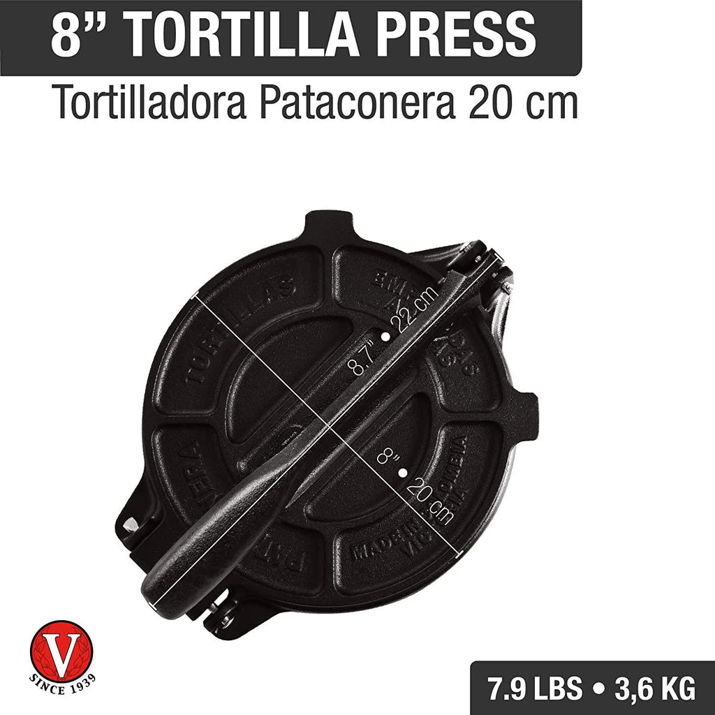 Victoria 8 Inch Cast Iron Tortilla Press. Tortilla Maker, Flour Tortilla press, Rotis Press, Dough Press, Pataconera Seasoned with Flaxeed Oil, Black -