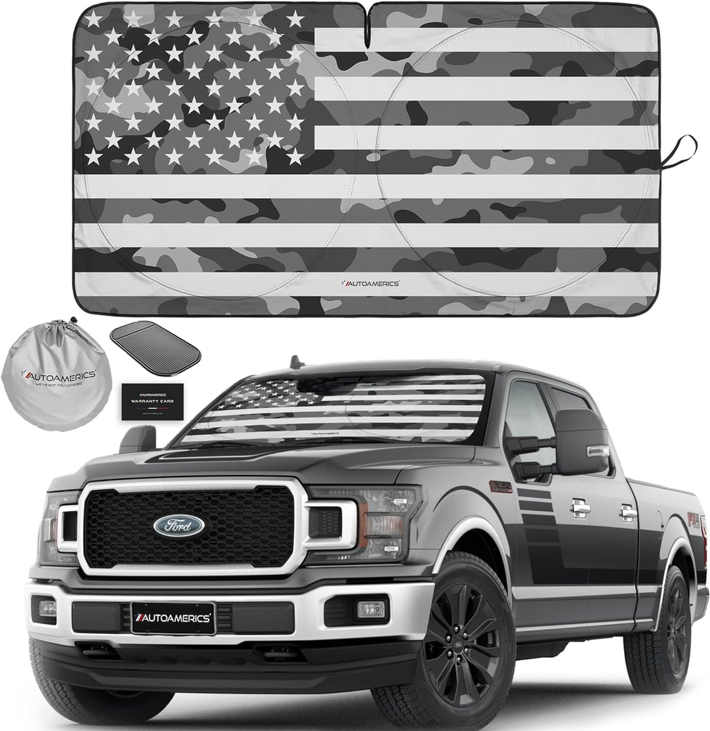 Autoamerics 1-Piece Windshield Sun Shade Gray Camo American Flag USA  - Foldable Car Front Window Sunshade for Most Sedans SUV Truck - Blocks Max UV Rays and Keeps Your Vehicle Cool - X-Large