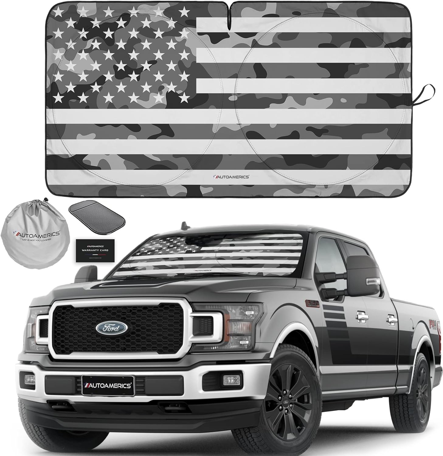Autoamerics 1-Piece Windshield Sun Shade Gray Camo American Flag USA  - Foldable Car Front Window Sunshade for Most Sedans SUV Truck - Blocks Max UV Rays and Keeps Your Vehicle Cool - X-Large