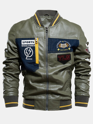 mens pu leather casual fleece lined thick varsity jacket with badges