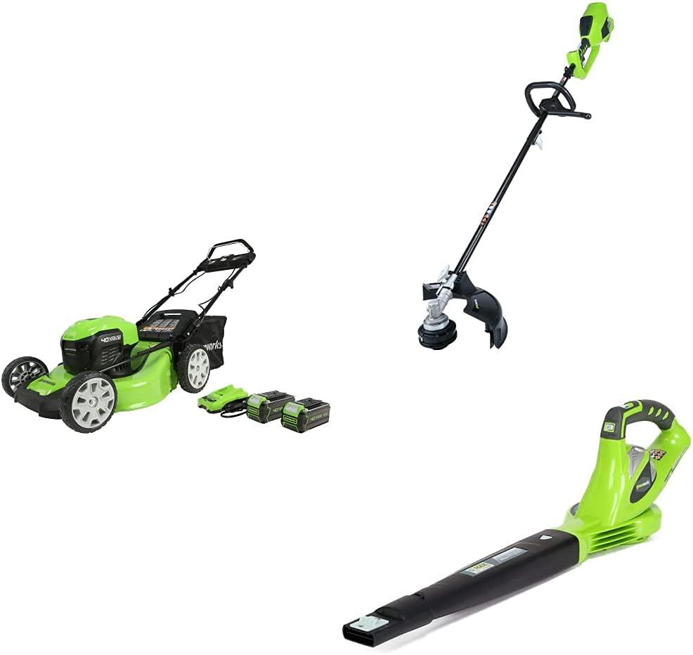 Greenworks 40V 21-Inch Brushless (Smart Pace) Self-Propelled Lawn Mower, 14-Inch String Trimmer and Leaf Blower Combo Kit, 2 x 4Ah USB Batteries and Charger Included